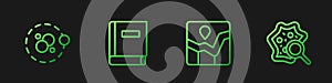 Set line Graph chart infographic, Atom, Science book and Microorganisms under magnifier. Gradient color icons. Vector