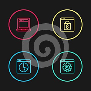 Set line Graph chart infographic, Browser setting, Online shopping on screen and Laptop with browser window icon. Vector
