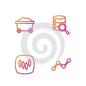 Set line Graph chart infographic, Browser with stocks market, Coal mine trolley and Server. Gradient color icons. Vector