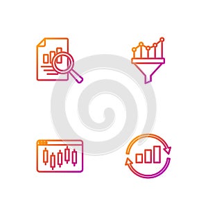 Set line Graph chart infographic, Browser with stocks market, Document and Sales funnel. Gradient color icons. Vector
