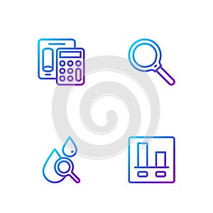 Set line Graph chart infographic, Drop and magnifying glass, Calculator and Magnifying. Gradient color icons. Vector