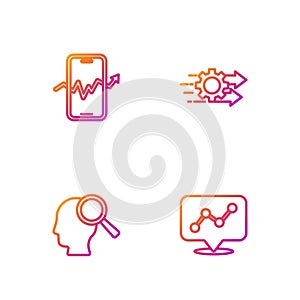 Set line Graph chart infographic, Search people, Mobile stock trading and Time management. Gradient color icons. Vector