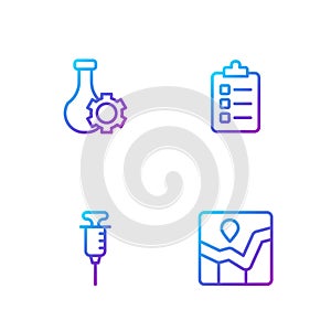 Set line Graph chart infographic, Syringe, Test tube and To do list or planning. Gradient color icons. Vector