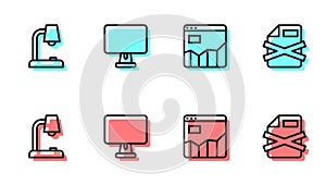 Set line Graph chart infographic, Table lamp, Computer monitor and Delete file document icon. Vector
