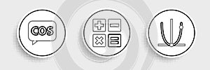 Set line Graph, schedule, chart, diagram, Mathematics function cosine and Calculator icon. Vector