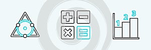 Set line Graph, schedule, chart, diagram, Triangle math and Calculator icon. Vector