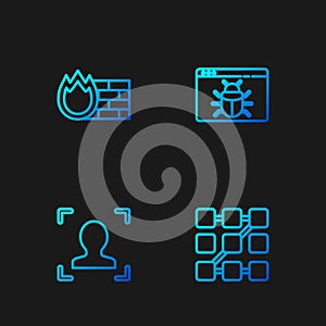 Set line Graphic password protection, Face recognition, Firewall, security wall and System bug. Gradient color icons