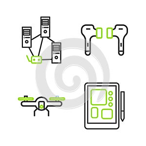 Set line Graphic tablet, Drone flying, Air headphones and Computer network icon. Vector