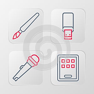 Set line Graphic tablet, Microphone, USB flash drive and Paint brush icon. Vector