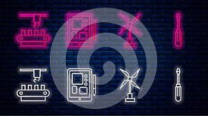 Set line Graphic tablet, Wind turbine, Factory conveyor system belt and Screwdriver. Glowing neon icon on brick wall