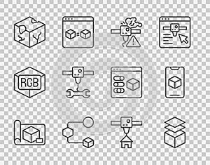 Set line Graphing paper for engineering, Layers, 3D printer warning, Isometric cube, wrench spanner, house and software