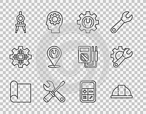 Set line Graphing paper for engineering, Worker safety helmet, Wrench spanner and gear, Screwdriver wrench, Drawing