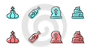 Set line Grave with tombstone, Church tower, Holy water bottle and Babel bible story icon. Vector