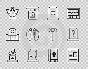 Set line Grave with tombstone, Obituaries, Old grave, Christmas angel, Dead body, Holy bible book and icon. Vector