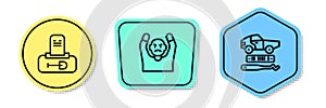 Set line Grave with tombstone, Thief surrendering hands up and Car theft. Colored shapes. Vector