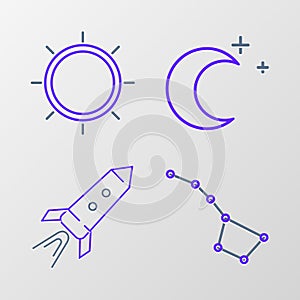 Set line Great Bear constellation, Rocket ship with fire, Moon and stars and Sun icon. Vector