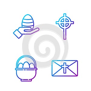 Set line Greeting card with Happy Easter, Basket with easter eggs, Human hand and easter egg and Christian cross