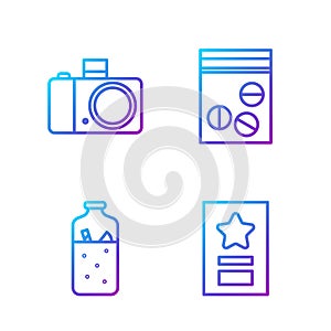 Set line Greeting card, Mulled wine, Photo camera and Plastic bag of drug. Gradient color icons. Vector