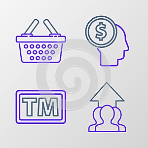Set line Growth chart and progress in people crowd, Trademark, Business man planning mind and Shopping basket icon