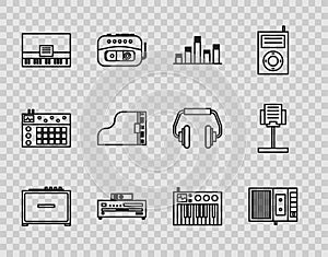 Set line Guitar amplifier, Music tape player, equalizer, CD, Piano, Grand piano, synthesizer and stand icon. Vector