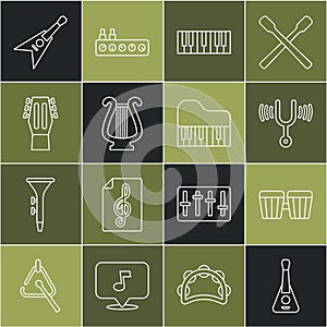 Set line Guitar, Drum, Musical tuning fork, synthesizer, Ancient lyre, Electric bass guitar and Grand piano icon. Vector