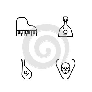 Set line Guitar pick, Bandura, Grand piano and Balalaika icon. Vector