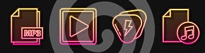 Set line Guitar pick, MP3 file document, Play in square and Music book with note. Glowing neon icon. Vector