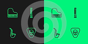 Set line Guitar pick, Saxophone, Grand piano and Flute icon. Vector