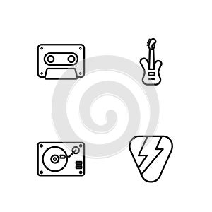 Set line Guitar pick, Vinyl player with vinyl disk, Retro audio cassette tape and Electric bass guitar icon. Vector