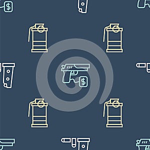 Set line Gun magazine and bullets, Hand smoke grenade and Buying gun pistol on seamless pattern. Vector