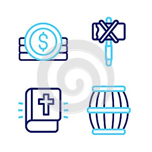 Set line Gun powder barrel, Holy bible book, Medieval axe and Ancient coin icon. Vector