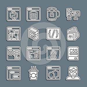 Set line Hacker or coder, Books about programming, Processor, Cup of tea with tea bag, Computer, Software, Python