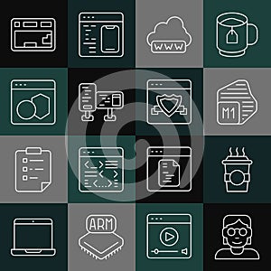 Set line Hacker or coder, Coffee cup to go, Processor, Web development, Computer monitor screen, Software, Keyboard and