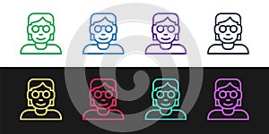 Set line Hacker or coder icon isolated on black and white background. Programmer developer working on code, coding
