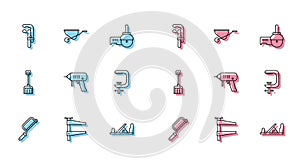 Set line Hacksaw, Clamp tool, Wood plane, Electric drill machine, and screw, Snow shovel and Wheelbarrow icon. Vector