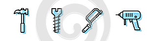 Set line Hacksaw, Claw hammer, Metallic screw and Electric drill machine icon. Vector