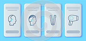 Set line Hairstyle for men, Curling iron hair, Baldness and dryer icon. Vector