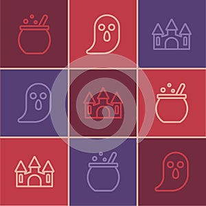 Set line Halloween witch cauldron, Castle and Ghost icon. Vector