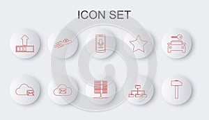 Set line Hammer, Cloud mail server, Mobile recording, Folder tree, Loading, UFO flying spaceship and alien, and Server