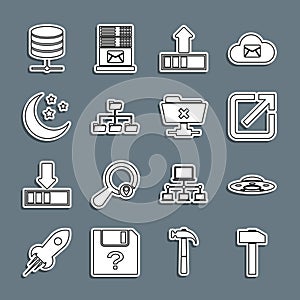 Set line Hammer, UFO flying spaceship, Open new window, Loading, Folder tree, Moon and stars, Server, Data, Web Hosting