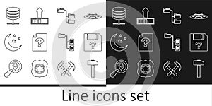 Set line Hammer, Unknown document, Folder tree, Moon and stars, Server, Data, Web Hosting, and Loading icon. Vector