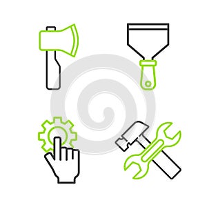 Set line Hammer and wrench, Settings in the hand, Putty knife and Wooden axe icon. Vector