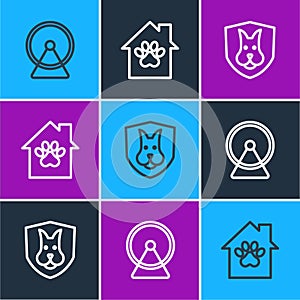 Set line Hamster wheel, Animal health insurance and Pet house icon. Vector