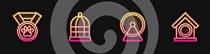 Set line Hamster wheel, Pet award symbol, Cage for birds and Dog house. Glowing neon icon. Vector