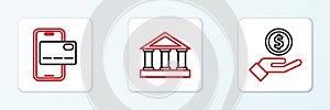 Set line Hand giving money, Mobile banking and Bank building icon. Vector
