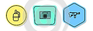 Set line Hand grenade, Dynamite bomb and Submachine gun M3. Colored shapes. Vector photo