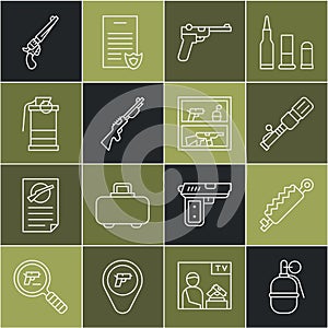 Set line Hand grenade, Trap hunting, Anti-tank hand, Mauser gun, Hunting, smoke, Revolver and shop weapon icon. Vector