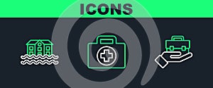 Set line Hand holding briefcase, House flood and First aid kit icon. Vector