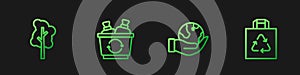 Set line Hand holding Earth globe, Tree, Recycle bin and Shopping bag with recycle. Gradient color icons. Vector