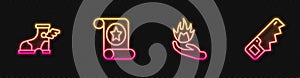 Set line Hand holding a fire, Hermes sandal, Magic scroll and saw. Glowing neon icon. Vector